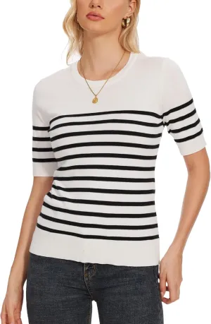 Spicy Sandia Women's Short Sleeve Sweater Casual Striped Knit Pullover Tops for Summer Lightweight