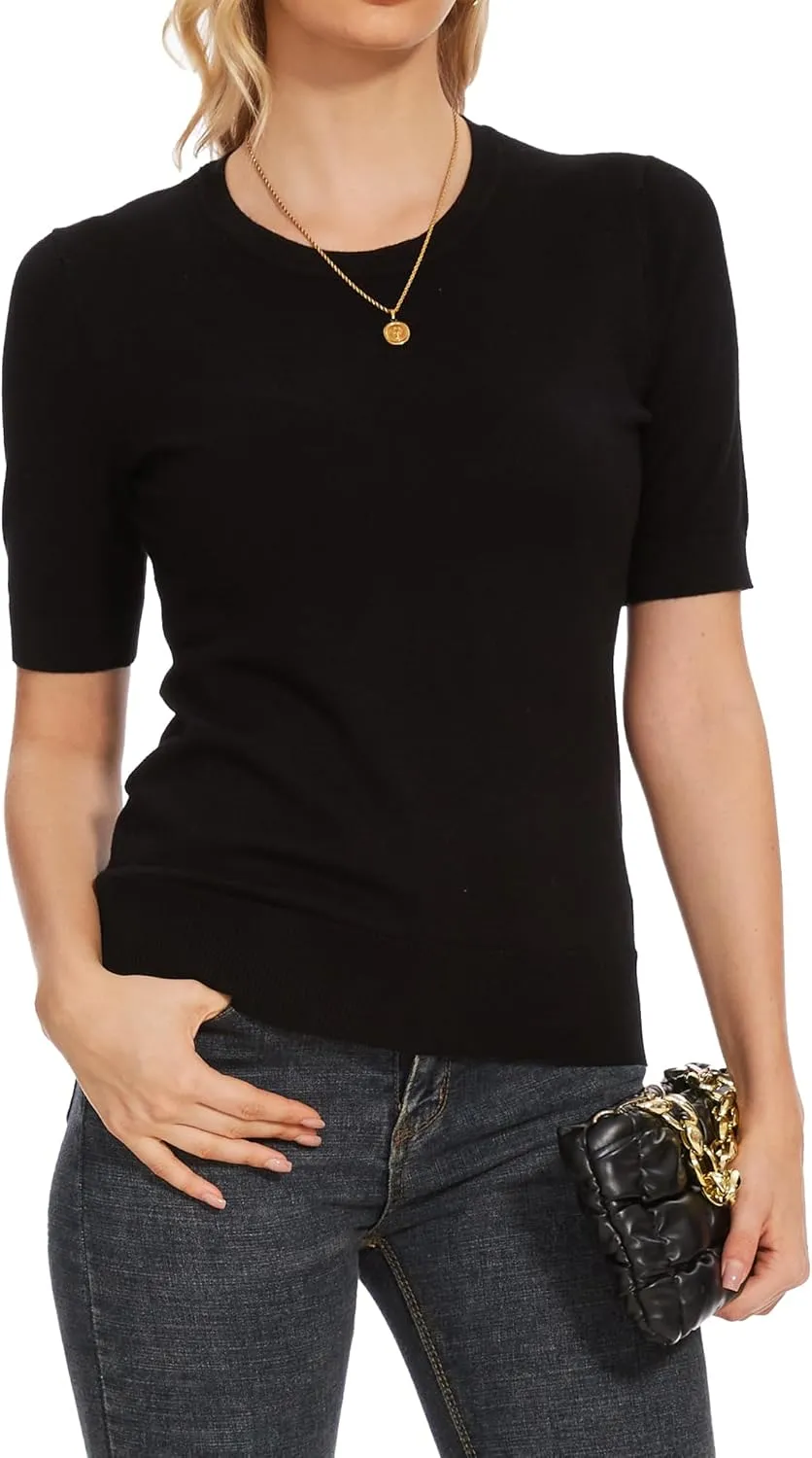 Spicy Sandia Women's Short Sleeve Sweater Casual Striped Knit Pullover Tops for Summer Lightweight
