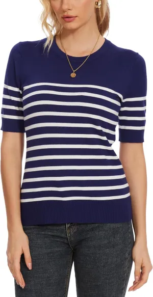 Spicy Sandia Women's Short Sleeve Sweater Casual Striped Knit Pullover Tops for Summer Lightweight
