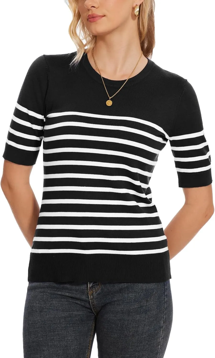 Spicy Sandia Women's Short Sleeve Sweater Casual Striped Knit Pullover Tops for Summer Lightweight