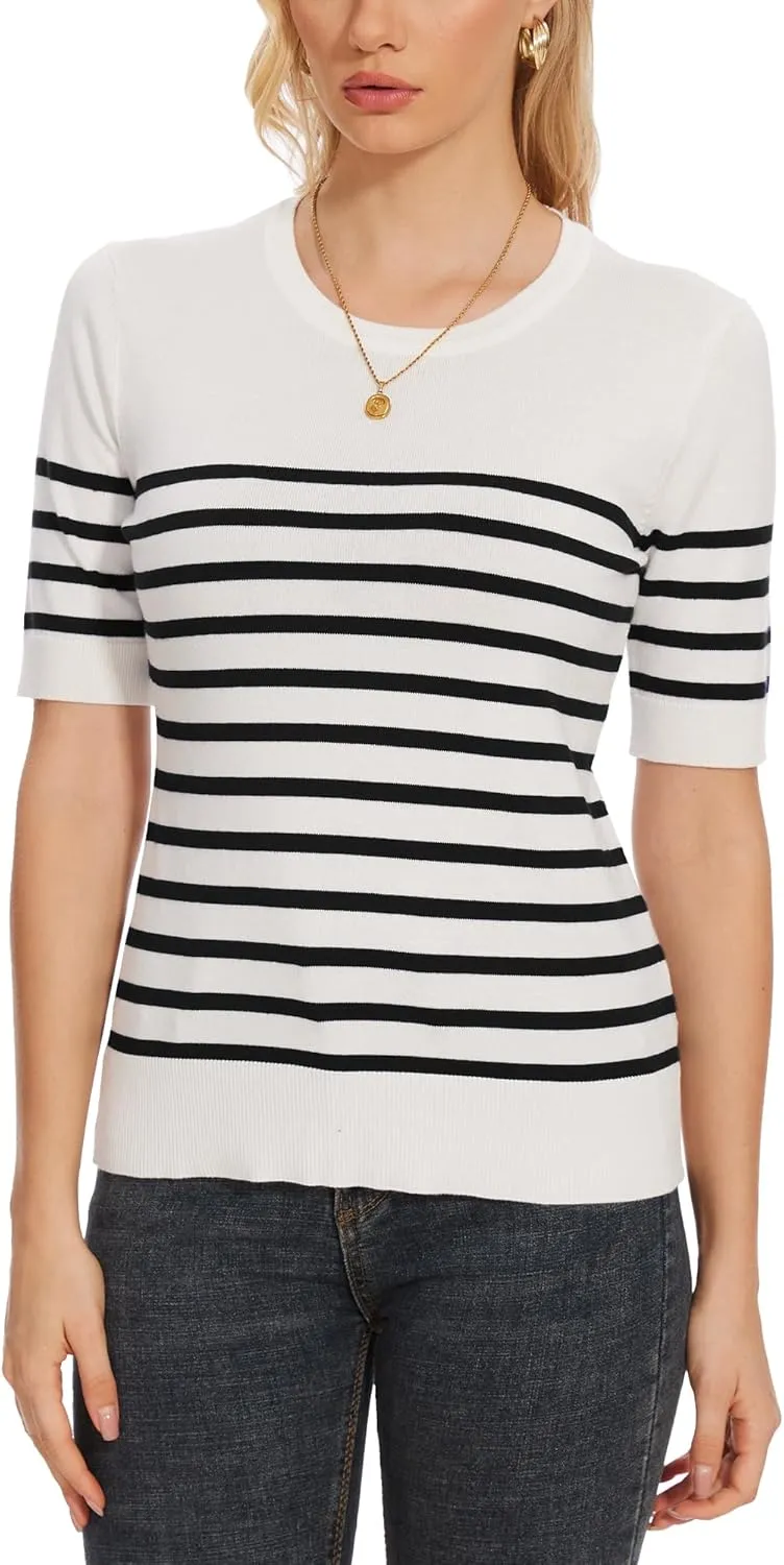Spicy Sandia Women's Short Sleeve Sweater Casual Striped Knit Pullover Tops for Summer Lightweight
