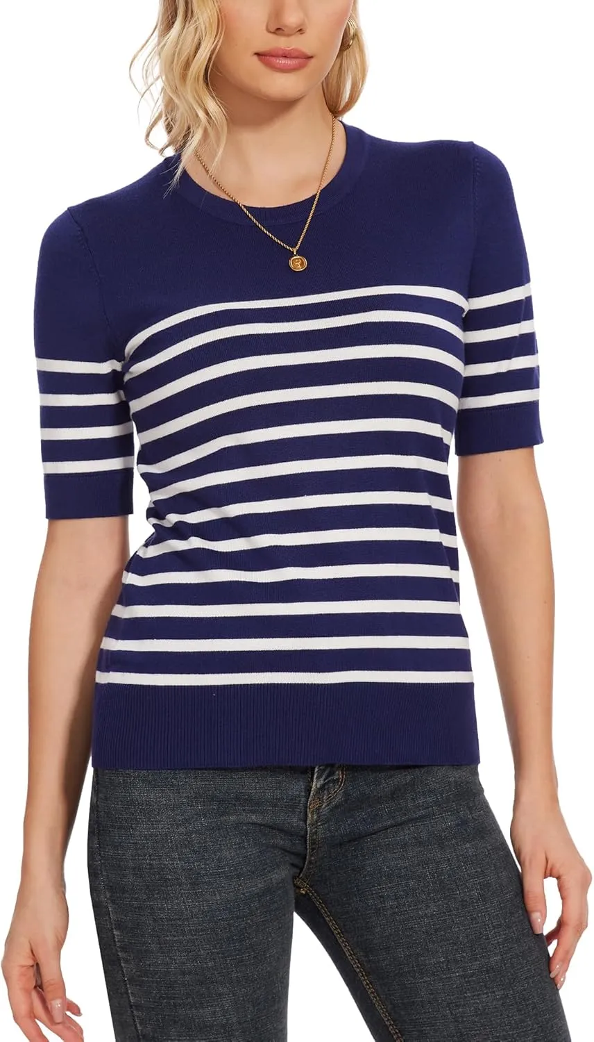 Spicy Sandia Women's Short Sleeve Sweater Casual Striped Knit Pullover Tops for Summer Lightweight