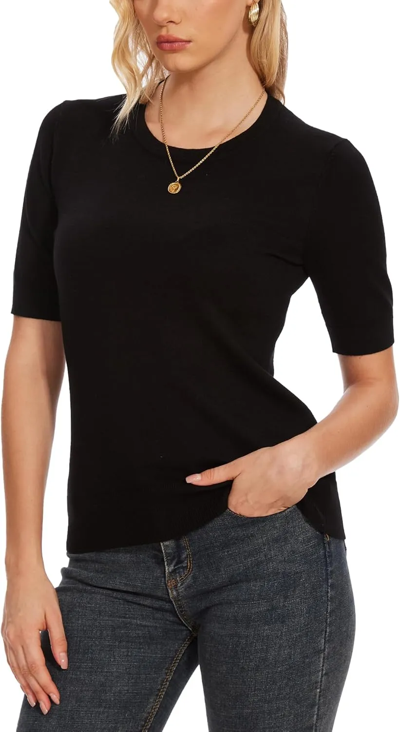 Spicy Sandia Women's Short Sleeve Sweater Casual Striped Knit Pullover Tops for Summer Lightweight