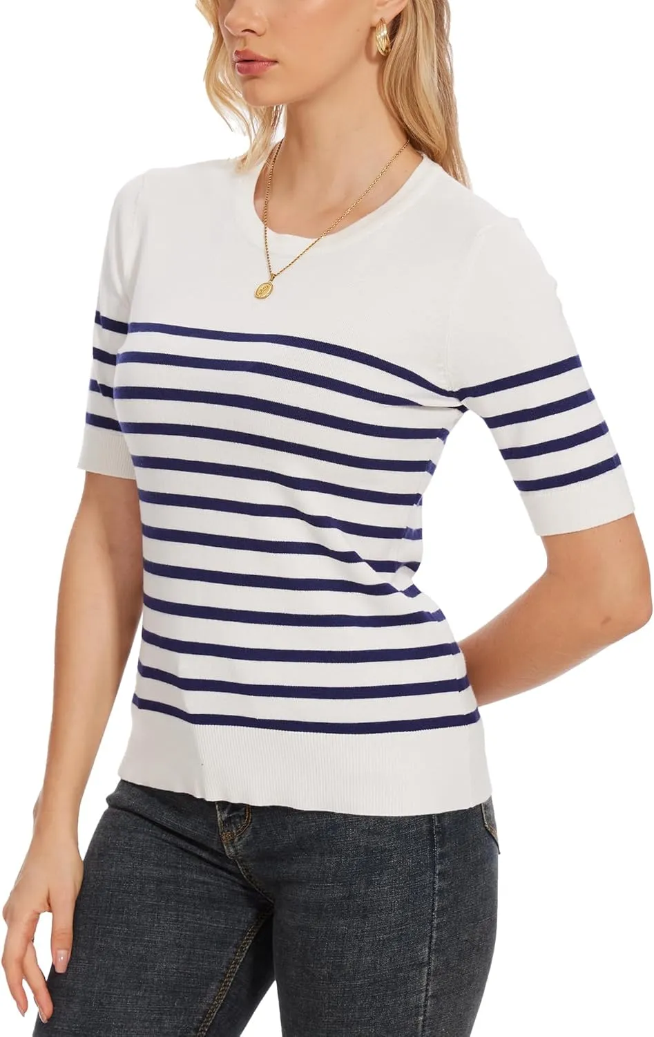 Spicy Sandia Women's Short Sleeve Sweater Casual Striped Knit Pullover Tops for Summer Lightweight