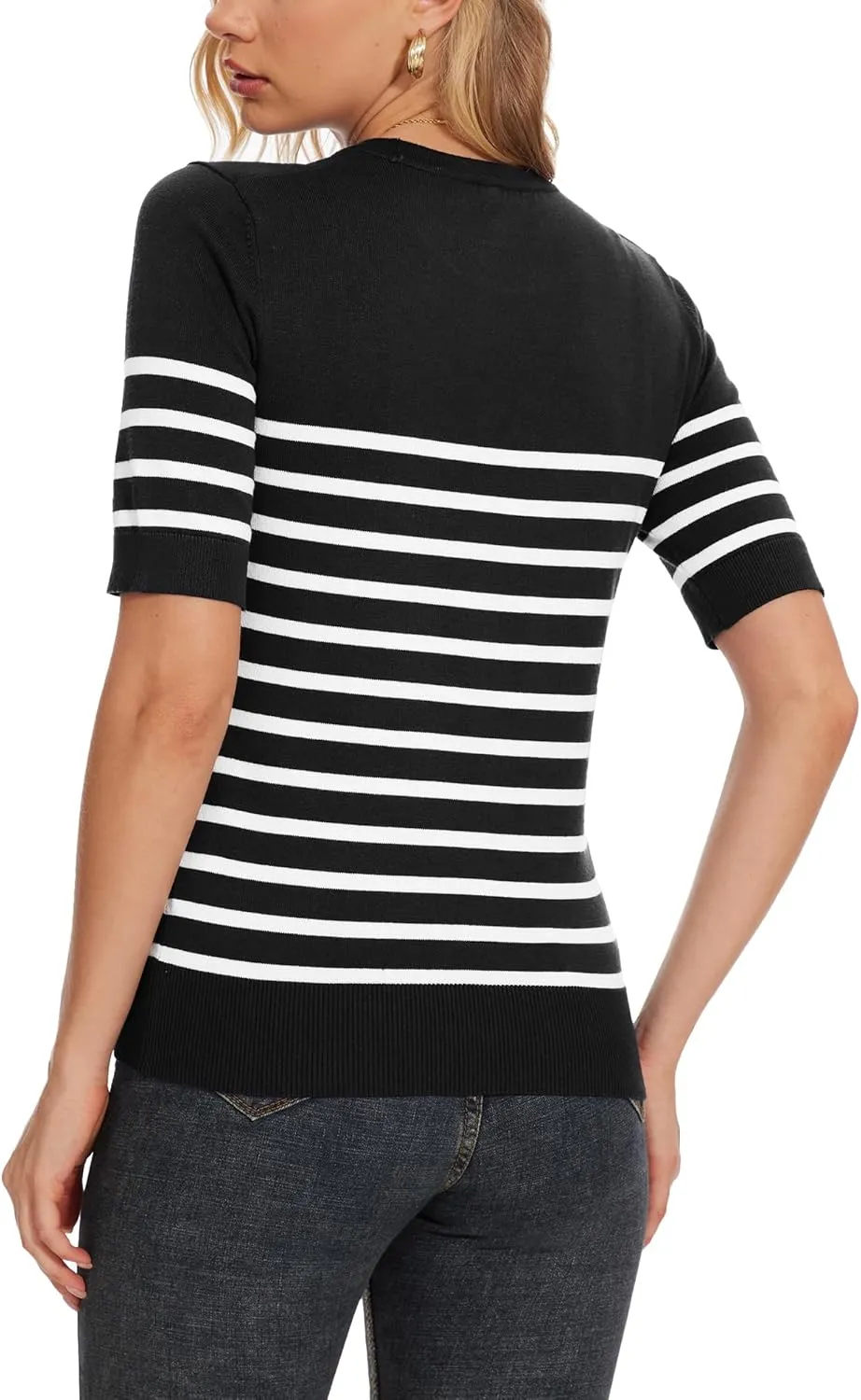 Spicy Sandia Women's Short Sleeve Sweater Casual Striped Knit Pullover Tops for Summer Lightweight
