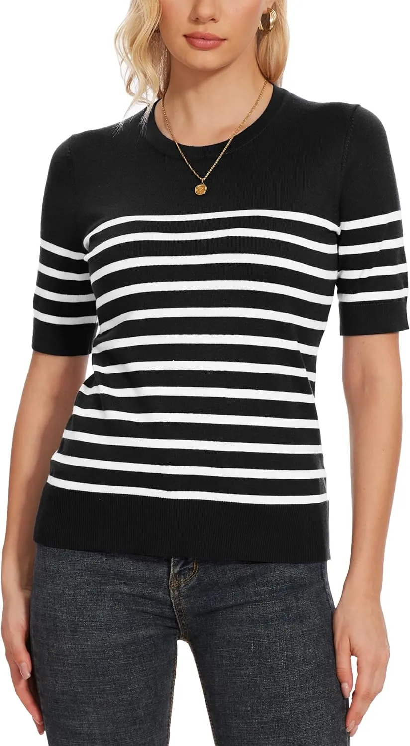 Spicy Sandia Women's Short Sleeve Sweater Casual Striped Knit Pullover Tops for Summer Lightweight