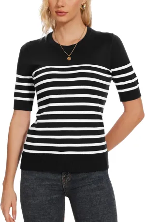 Spicy Sandia Women's Short Sleeve Sweater Casual Striped Knit Pullover Tops for Summer Lightweight