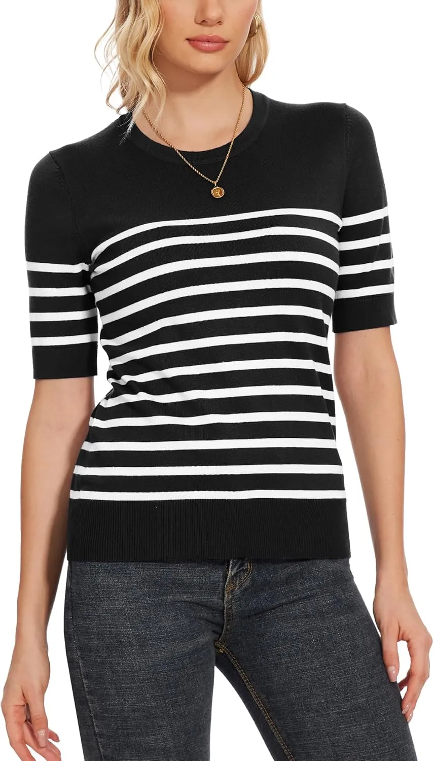 Spicy Sandia Women's Short Sleeve Sweater Casual Striped Knit Pullover Tops for Summer Lightweight