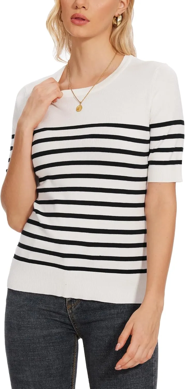 Spicy Sandia Women's Short Sleeve Sweater Casual Striped Knit Pullover Tops for Summer Lightweight