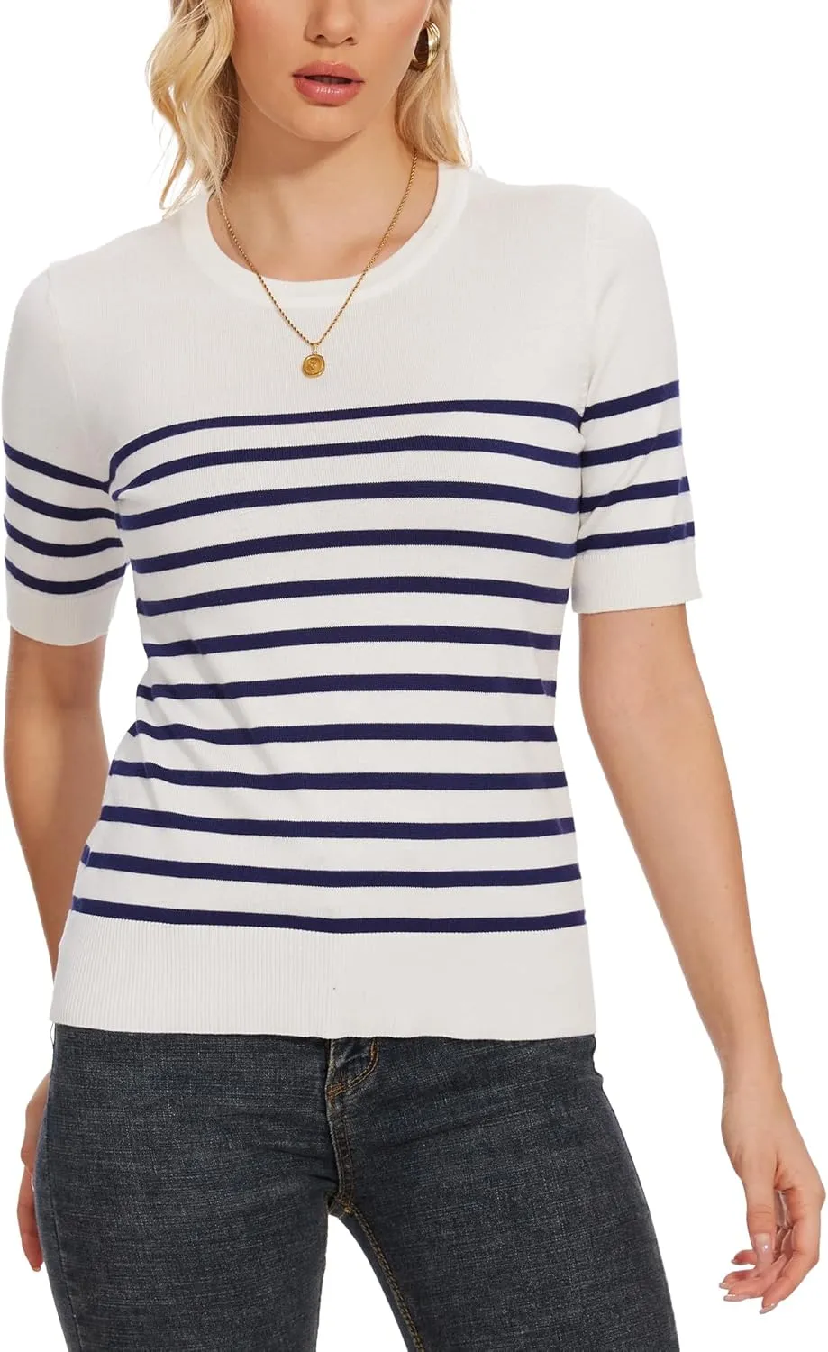 Spicy Sandia Women's Short Sleeve Sweater Casual Striped Knit Pullover Tops for Summer Lightweight