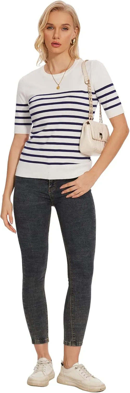 Spicy Sandia Women's Short Sleeve Sweater Casual Striped Knit Pullover Tops for Summer Lightweight