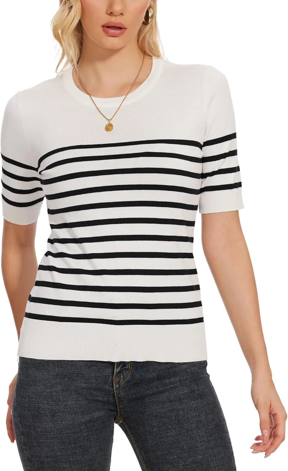 Spicy Sandia Women's Short Sleeve Sweater Casual Striped Knit Pullover Tops for Summer Lightweight