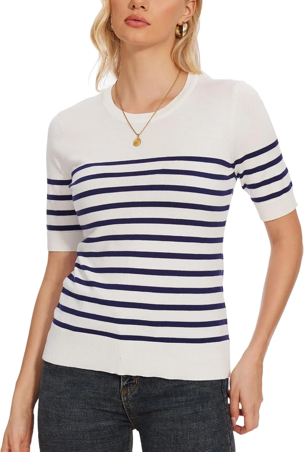 Spicy Sandia Women's Short Sleeve Sweater Casual Striped Knit Pullover Tops for Summer Lightweight