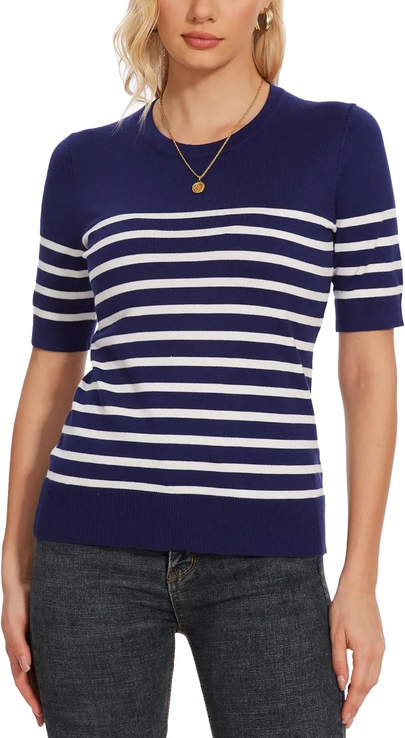 Spicy Sandia Women's Short Sleeve Sweater Casual Striped Knit Pullover Tops for Summer Lightweight