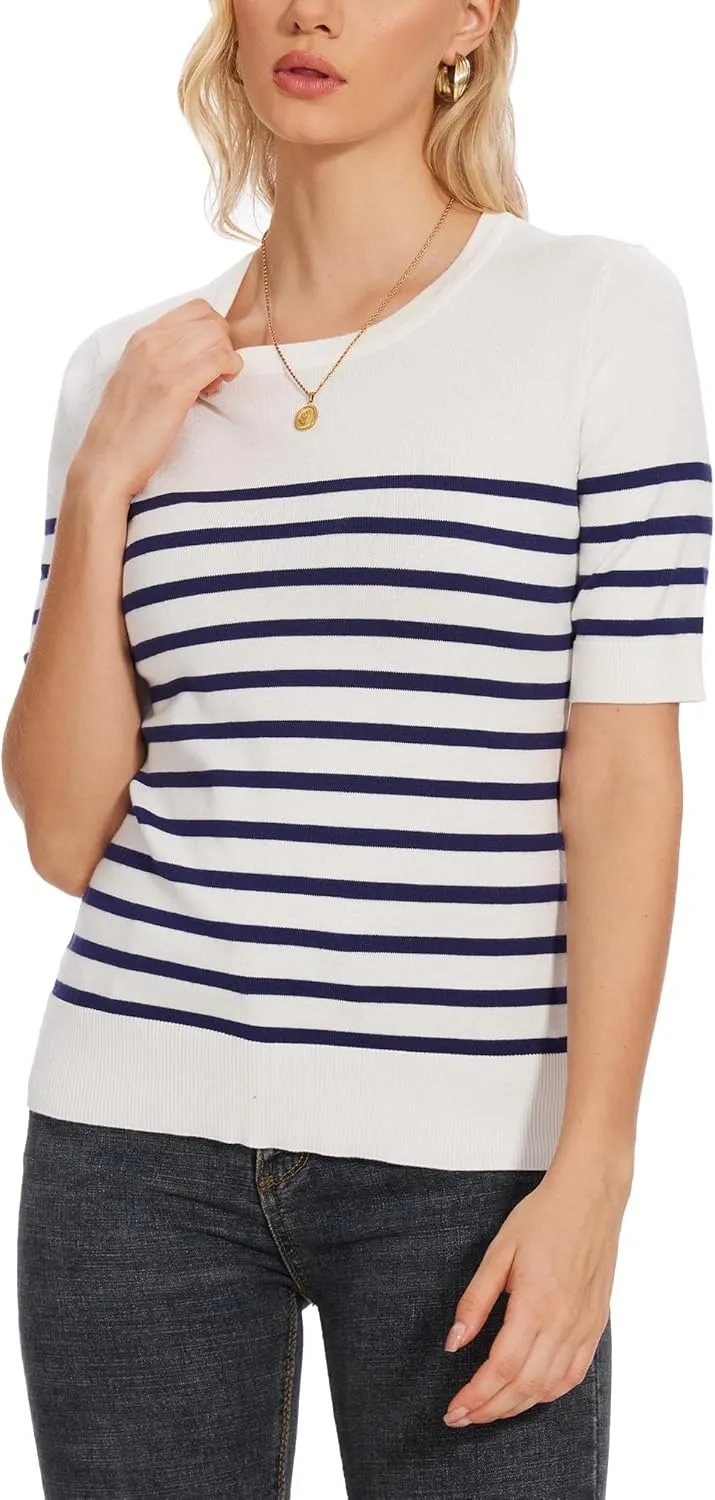Spicy Sandia Women's Short Sleeve Sweater Casual Striped Knit Pullover Tops for Summer Lightweight