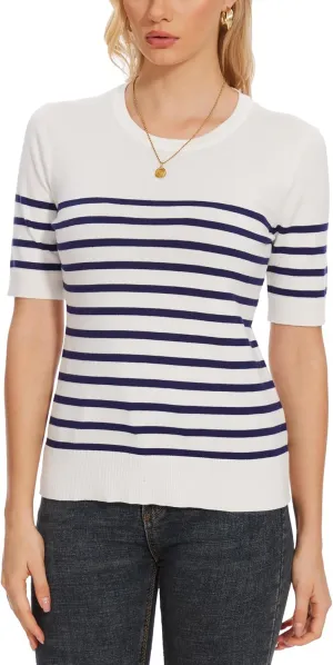 Spicy Sandia Women's Short Sleeve Sweater Casual Striped Knit Pullover Tops for Summer Lightweight