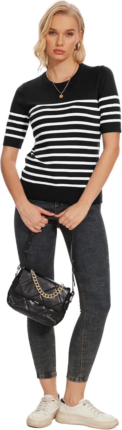 Spicy Sandia Women's Short Sleeve Sweater Casual Striped Knit Pullover Tops for Summer Lightweight