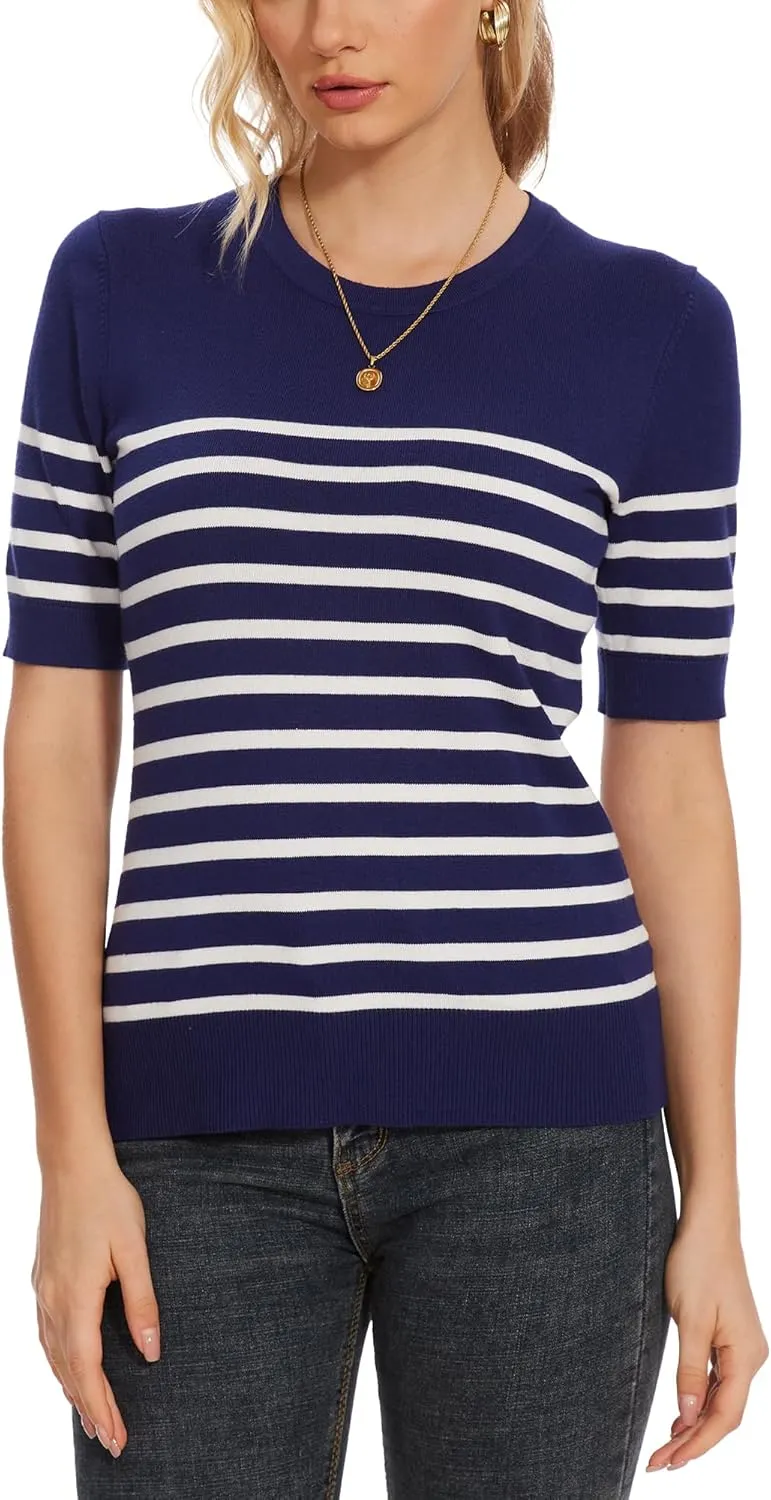 Spicy Sandia Women's Short Sleeve Sweater Casual Striped Knit Pullover Tops for Summer Lightweight