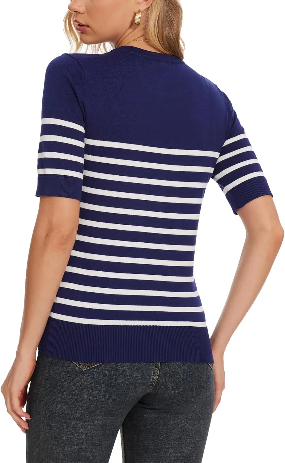 Spicy Sandia Women's Short Sleeve Sweater Casual Striped Knit Pullover Tops for Summer Lightweight