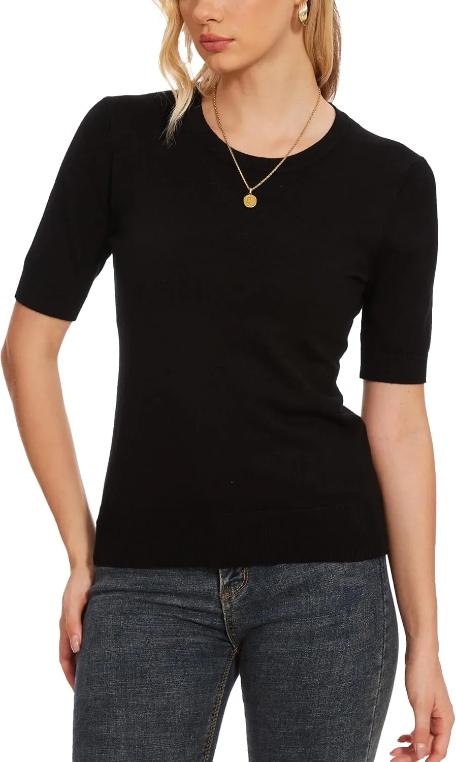 Spicy Sandia Women's Short Sleeve Sweater Casual Striped Knit Pullover Tops for Summer Lightweight