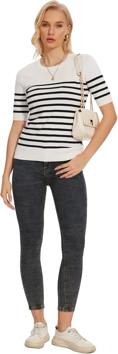 Spicy Sandia Women's Short Sleeve Sweater Casual Striped Knit Pullover Tops for Summer Lightweight