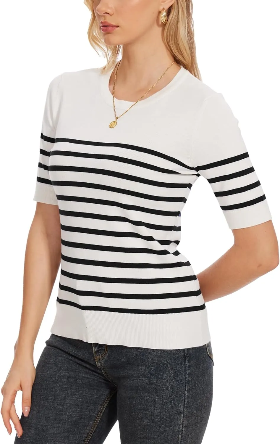 Spicy Sandia Women's Short Sleeve Sweater Casual Striped Knit Pullover Tops for Summer Lightweight