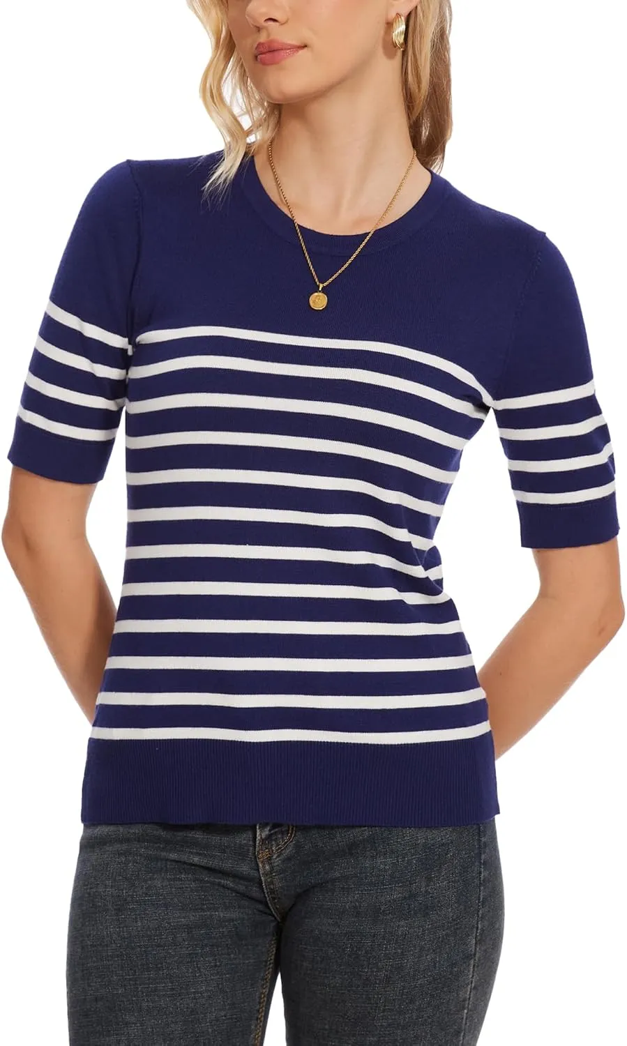 Spicy Sandia Women's Short Sleeve Sweater Casual Striped Knit Pullover Tops for Summer Lightweight