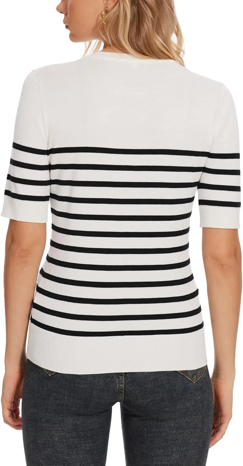 Spicy Sandia Women's Short Sleeve Sweater Casual Striped Knit Pullover Tops for Summer Lightweight