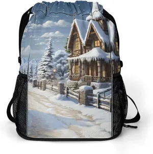 Sports Belt Pocket,Christmas Winter Happy Scene Drawstring Backpack,drawstring Bag,travel Drawstring Backpack with Side Pocket