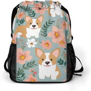 Sports Belt Pocket,Corgi Floral Flowers Spring Garden Drawstring Backpack,drawstring Bag,travel Drawstring Backpack with Side Pocket