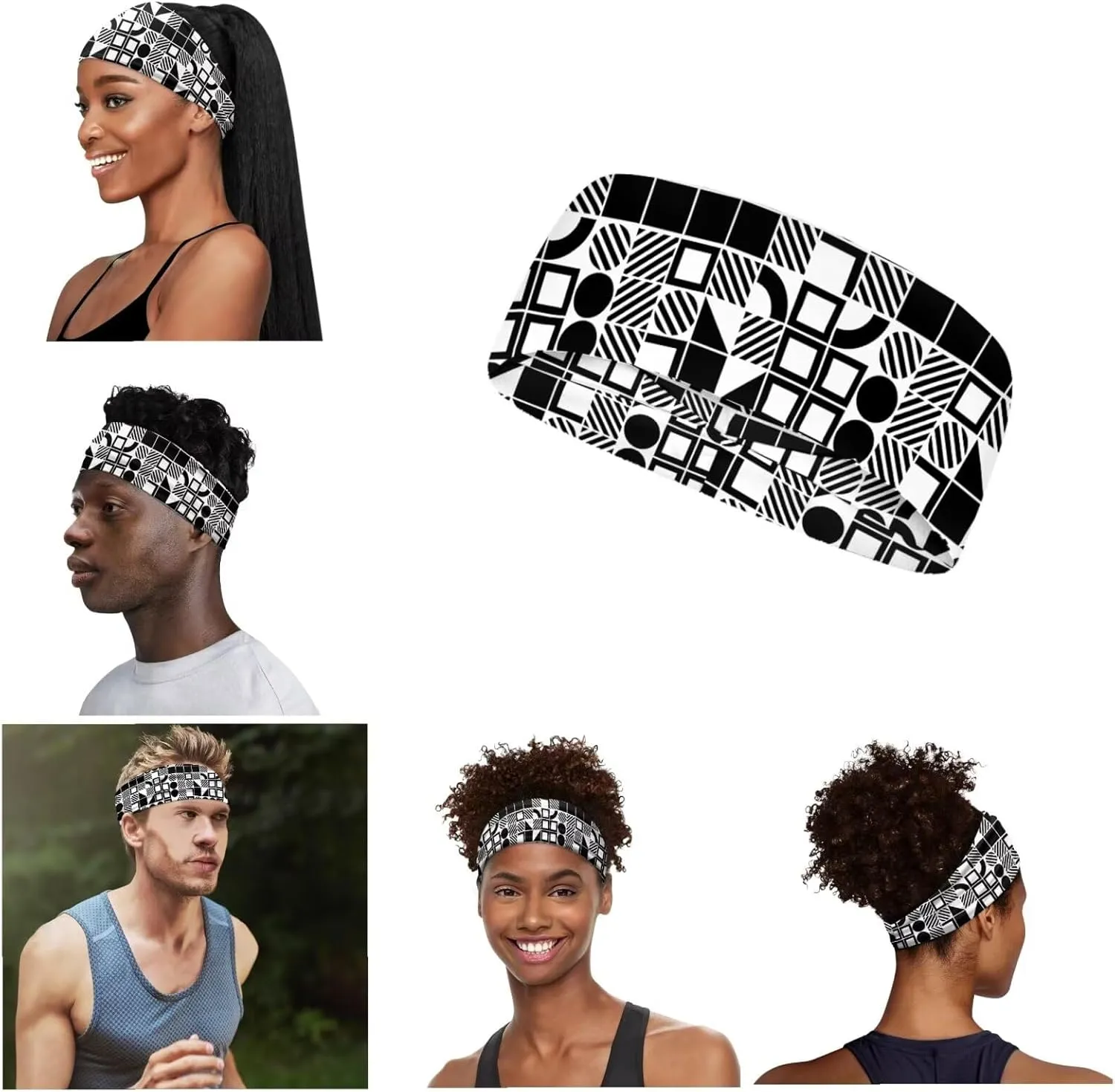 Sports Drawstring Bag & Headband Set Geometric Print, Large Gym String Cinch Backpack with Shoes Compartment/Bottle Holder Pocket/Side & Inner Zipper Pocket, Lightweight Equipment Bags