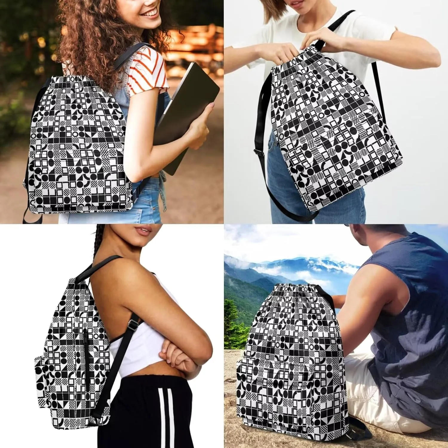 Sports Drawstring Bag & Headband Set Geometric Print, Large Gym String Cinch Backpack with Shoes Compartment/Bottle Holder Pocket/Side & Inner Zipper Pocket, Lightweight Equipment Bags