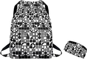 Sports Drawstring Bag & Headband Set Geometric Print, Large Gym String Cinch Backpack with Shoes Compartment/Bottle Holder Pocket/Side & Inner Zipper Pocket, Lightweight Equipment Bags