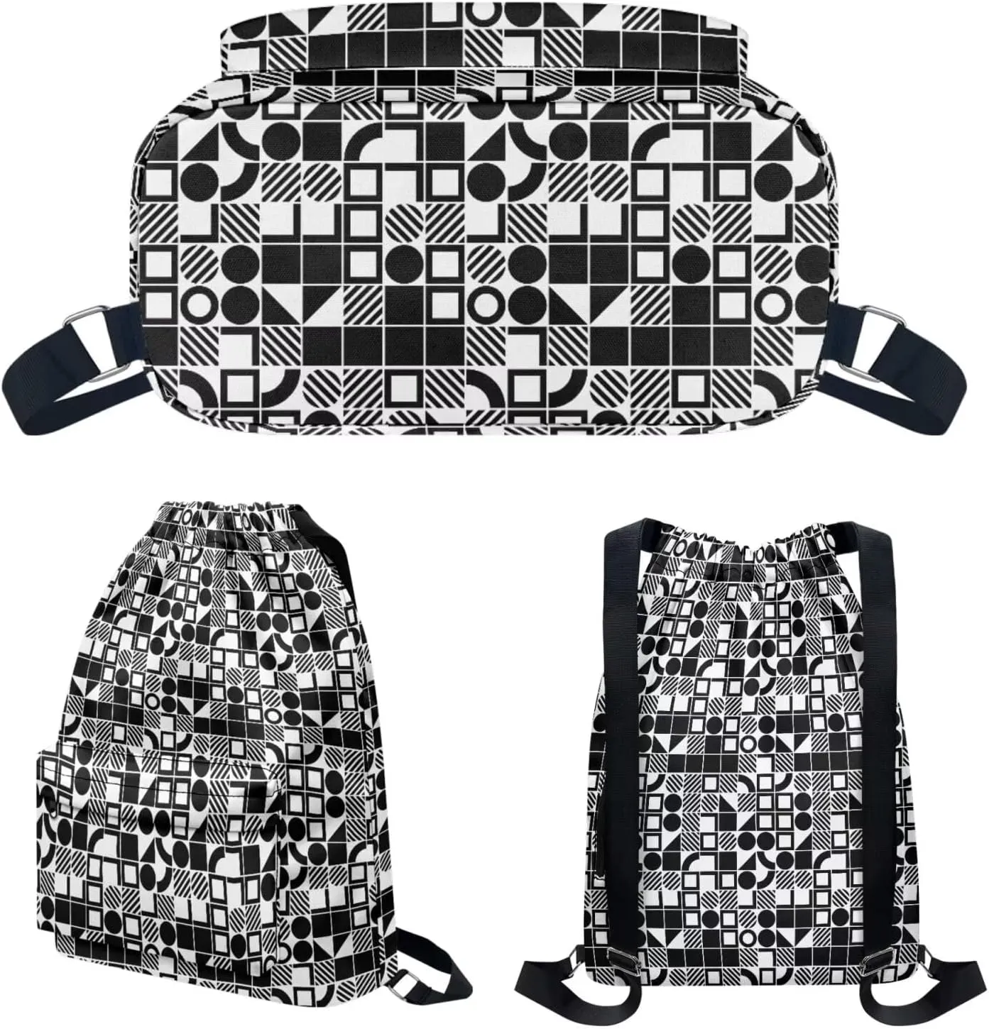 Sports Drawstring Bag & Headband Set Geometric Print, Large Gym String Cinch Backpack with Shoes Compartment/Bottle Holder Pocket/Side & Inner Zipper Pocket, Lightweight Equipment Bags