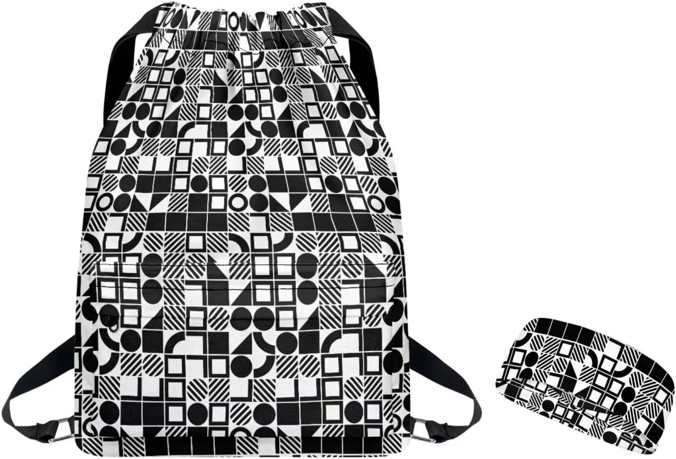 Sports Drawstring Bag & Headband Set Geometric Print, Large Gym String Cinch Backpack with Shoes Compartment/Bottle Holder Pocket/Side & Inner Zipper Pocket, Lightweight Equipment Bags