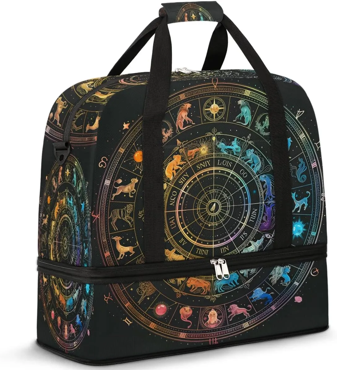 Sports Duffel Bag, Foldable Horoscopes Circle Signs Travel Duffel Bag, Gym Yoga Beach Bag Weekender Overnight Bag with Shoes Compartment for Men Women, Zodiac Wheel