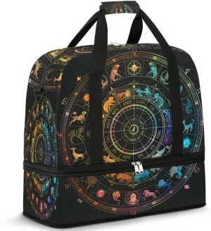 Sports Duffel Bag, Foldable Horoscopes Circle Signs Travel Duffel Bag, Gym Yoga Beach Bag Weekender Overnight Bag with Shoes Compartment for Men Women, Zodiac Wheel