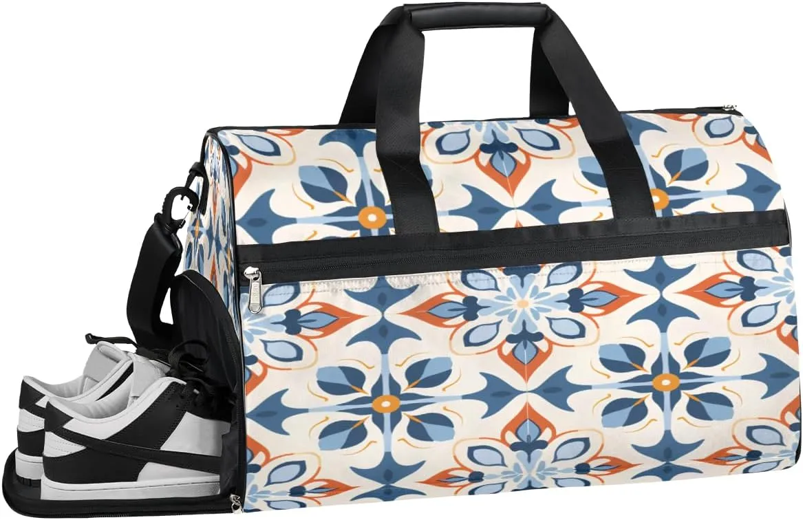 Sports Gym Bag Women Men with Wet Pocket & Shoes Compartment, Blue White Portugeuse Tiles Travel Duffel Bag, Workout Dance Bag Tote Bags, Carry On Weekender