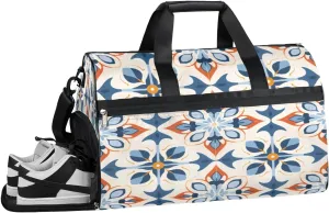 Sports Gym Bag Women Men with Wet Pocket & Shoes Compartment, Blue White Portugeuse Tiles Travel Duffel Bag, Workout Dance Bag Tote Bags, Carry On Weekender