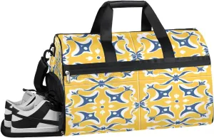 Sports Gym Bag Women Men with Wet Pocket & Shoes Compartment, Yellow Color Portugeuse Tiles Travel Duffel Bag, Workout Dance Bag Tote Bags, Carry On Weekender