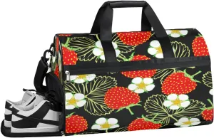 Strawberry Leaves Flower Sports Gym Bag with Wet Pocket & Shoes Compartment Waterproof Workout Duffel Bag for Women and Men Weekender Overnight Duffle Bag Travel Carry-on Tote