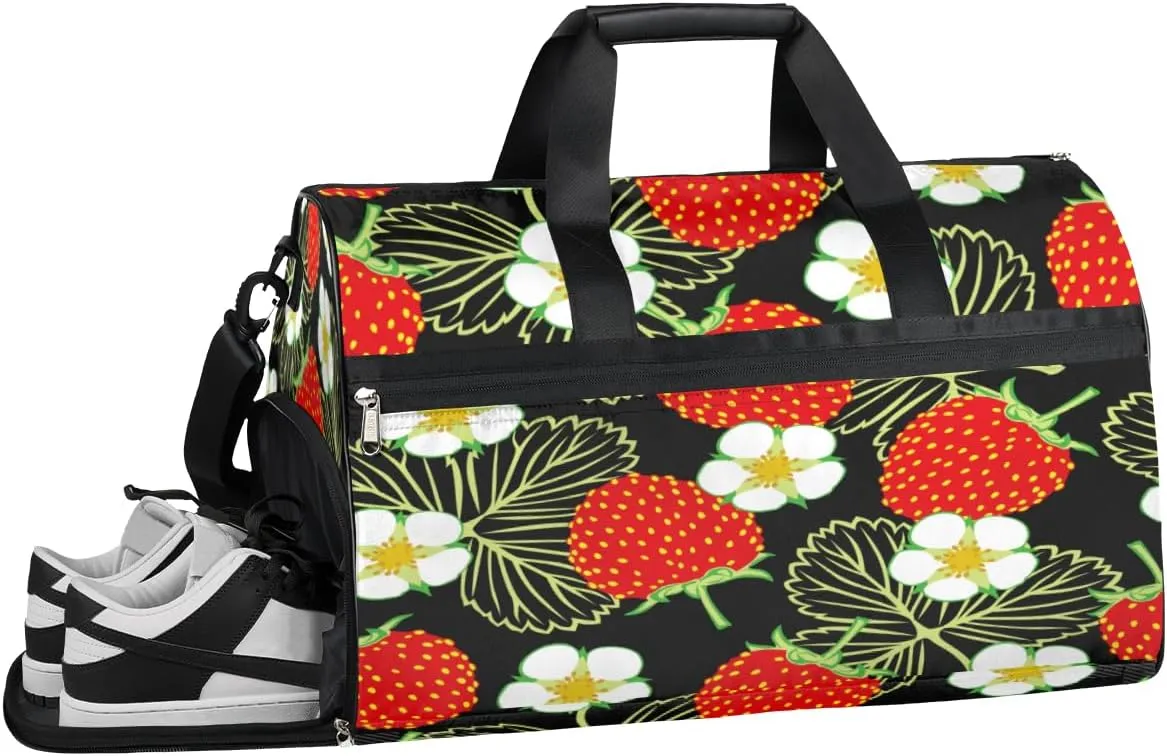 Strawberry Leaves Flower Sports Gym Bag with Wet Pocket & Shoes Compartment Waterproof Workout Duffel Bag for Women and Men Weekender Overnight Duffle Bag Travel Carry-on Tote