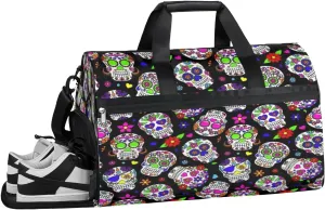 Sugar Blossom Skull Sports Gym Bag with Wet Pocket & Shoes Compartment Waterproof Workout Duffel Bag for Women and Men Weekender Overnight Duffle Bag Travel Carry-on Tote
