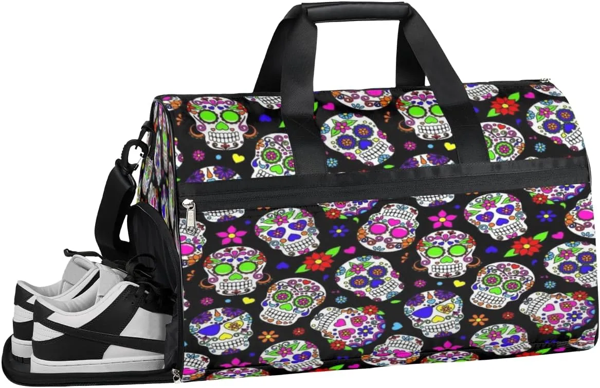 Sugar Blossom Skull Sports Gym Bag with Wet Pocket & Shoes Compartment Waterproof Workout Duffel Bag for Women and Men Weekender Overnight Duffle Bag Travel Carry-on Tote