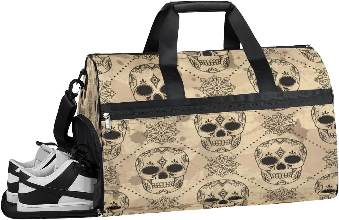 Sugar Skull Pattern Sports Gym Bag with Wet Pocket & Shoes Compartment Waterproof Workout Duffel Bag for Women and Men Weekender Overnight Duffle Bag Travel Carry-on Tote