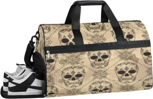 Sugar Skull Pattern Sports Gym Bag with Wet Pocket & Shoes Compartment Waterproof Workout Duffel Bag for Women and Men Weekender Overnight Duffle Bag Travel Carry-on Tote