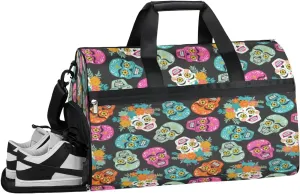 Sugar Skull Theme Sports Gym Bag with Wet Pocket & Shoes Compartment Waterproof Workout Duffel Bag for Women and Men Weekender Overnight Duffle Bag Travel Carry-on Tote