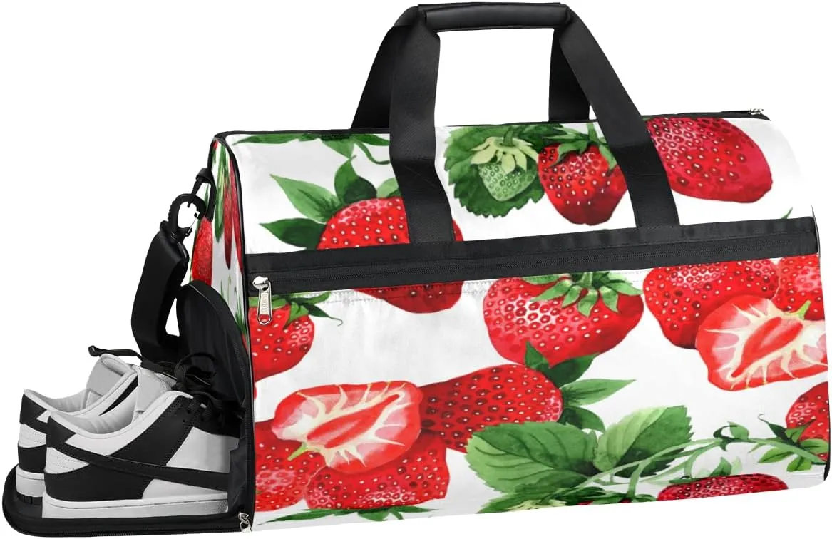 Summer Fruit Strawberry Sports Gym Bag with Wet Pocket & Shoes Compartment Waterproof Workout Duffel Bag for Women and Men Weekender Overnight Duffle Bag Travel Carry-on Tote