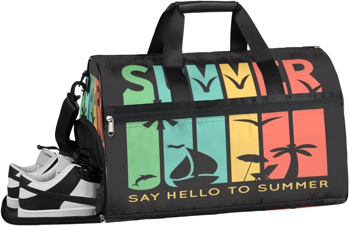 Summer Retro Pattern Sports Gym Bag for Women and Men Travel Duffel Bag Overnight Shoulder Bag Waterproof Workout Bag Portable Sports Tote with Shoes Compartment