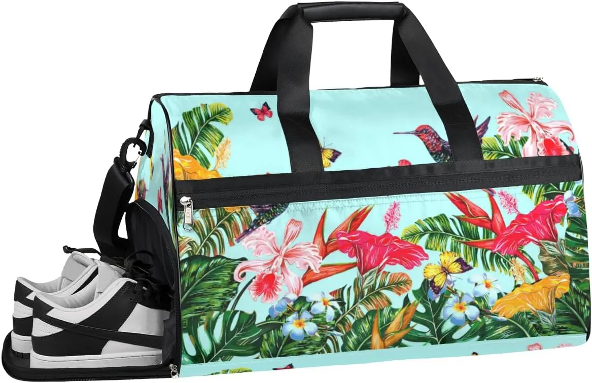Summer Tropical Flowers Sports Gym Bag with Wet Pocket & Shoes Compartment Waterproof Workout Duffel Bag for Women and Men Weekender Overnight Duffle Bag Travel Carry-on Tote